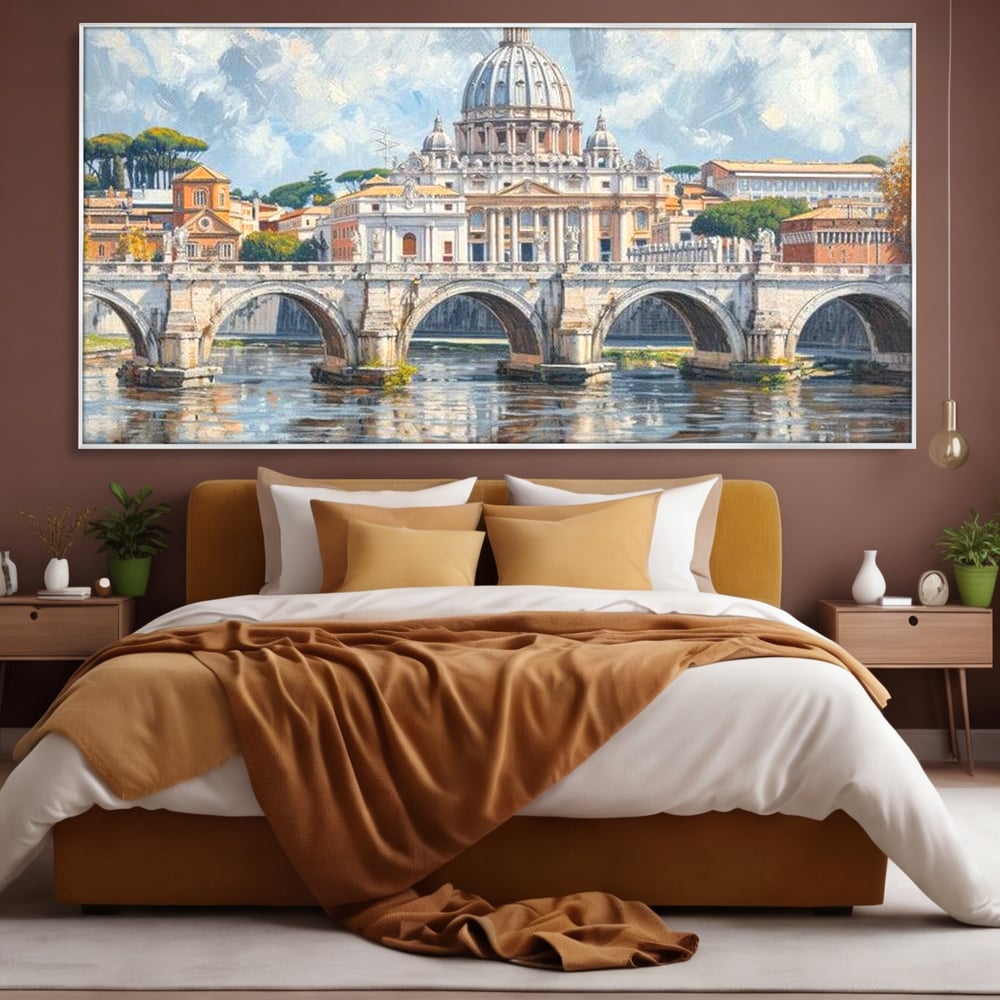 Tablou canvas cu tablou canvas cu podul si cupola vaticanului, in rama de aluminiu argintiu, pe perete intr-un dormitor